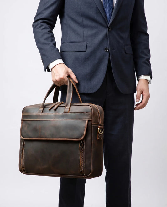 Premium Men's Crazy Horse Cowhide Leather Briefcase | 16-inch Laptop Messenger for Business & Travel