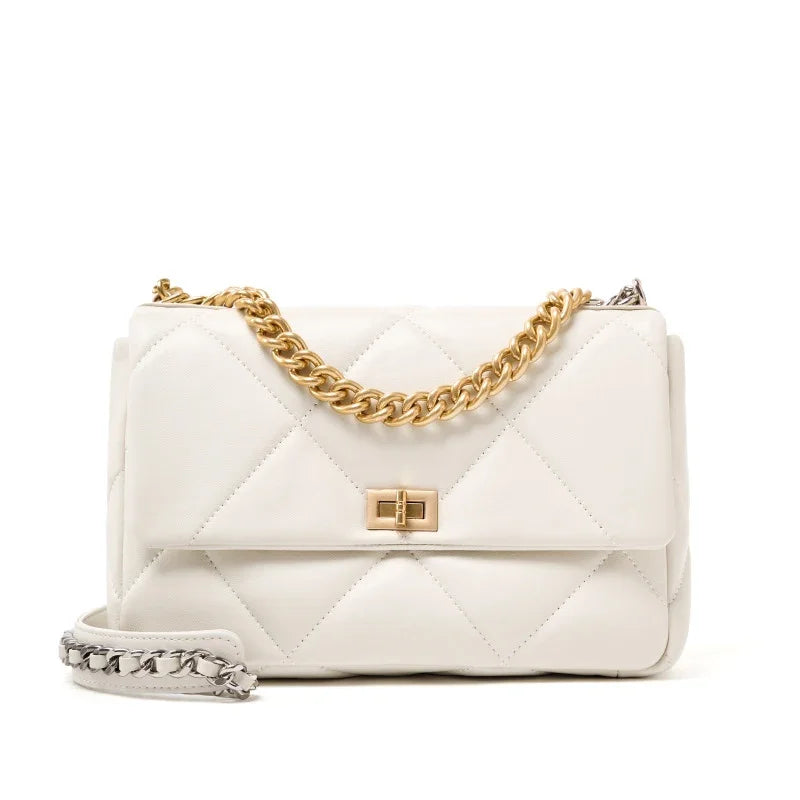 White quilted genuine leather shoulder bag with gold chain strap and turn-lock closure