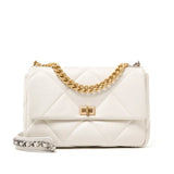 White quilted genuine leather shoulder bag with gold chain strap and turn-lock closure