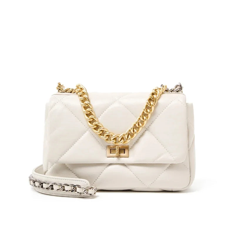 Quilted white genuine leather shoulder bag with gold chain strap and turn-lock clasp