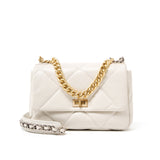 Quilted white genuine leather shoulder bag with gold chain strap and turn-lock clasp