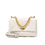 Quilted white genuine leather shoulder bag with gold chain strap and turn-lock clasp