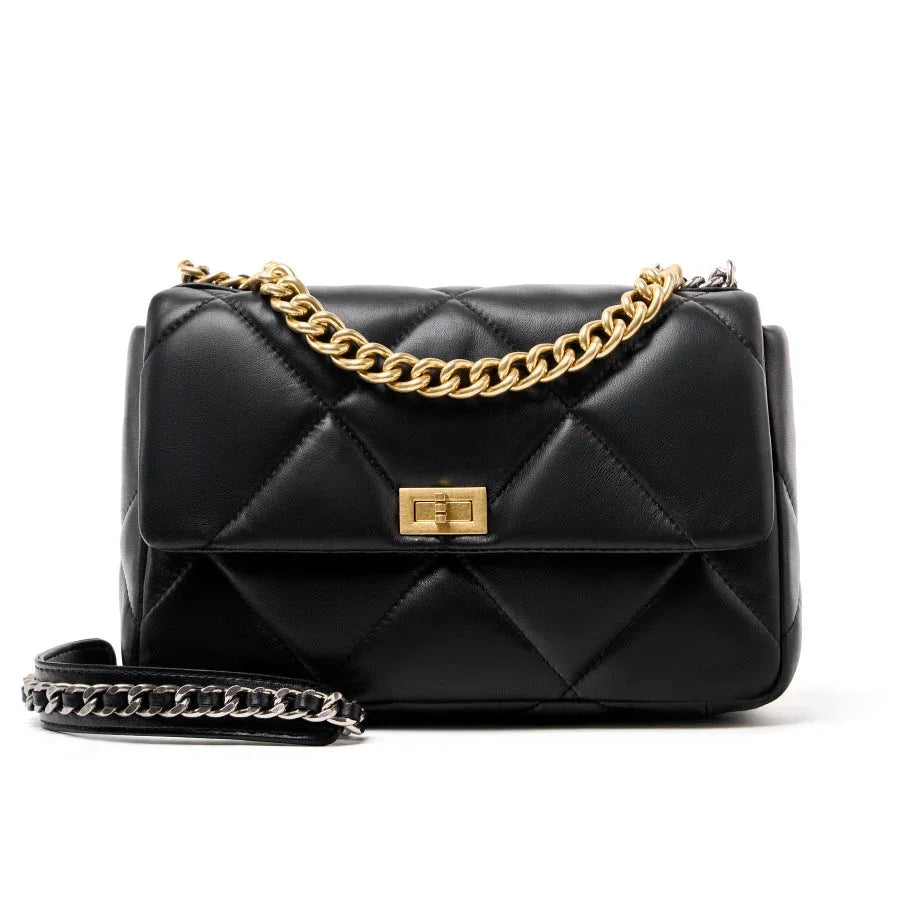 Quilted black genuine leather shoulder bag with gold chain and turn-lock clasp