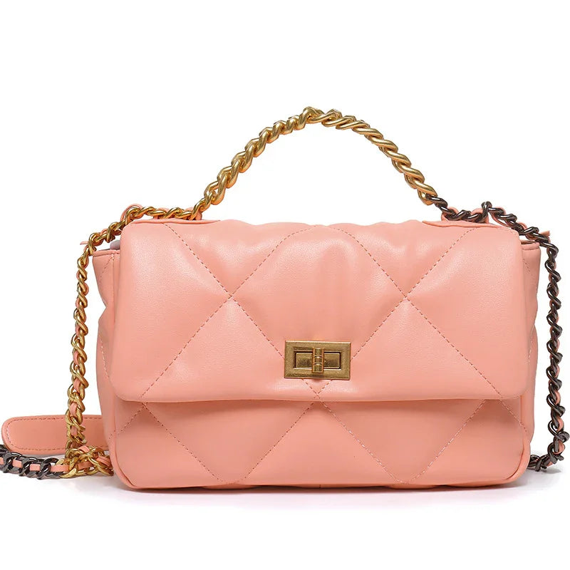 Pink quilted lambskin leather shoulder bag with gold chain strap and clasp