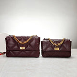 Quilted burgundy leather flap shoulder bags with gold chain straps and diamond stitching