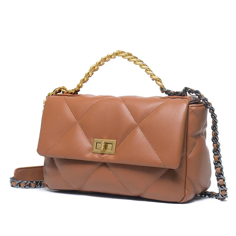 Quilted brown leather shoulder bag with gold chain handle and clasp, designer style