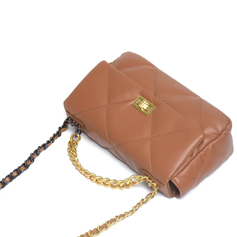 Quilted brown genuine leather shoulder bag with gold chain strap and turn-lock closure