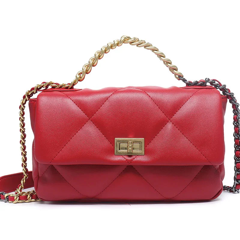 Red quilted genuine leather shoulder bag with gold chain strap and turn-lock closure