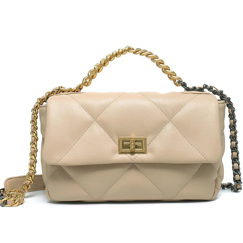 Beige quilted genuine leather shoulder bag with gold chain strap and turn-lock clasp