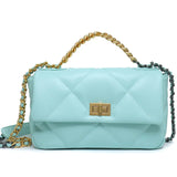 Quilted light blue genuine leather shoulder bag with gold chain strap and turn-lock clasp