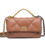 Quilted brown genuine leather shoulder bag with gold chain strap and gold turn-lock closure