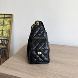 Quilted Diamond Leather Drawstring Hobo Bag – Gold Chain Strap | Lambskin & Cowhide Shoulder Bag for Women
