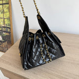Quilted Diamond Leather Drawstring Hobo Bag – Gold Chain Strap | Lambskin & Cowhide Shoulder Bag for Women