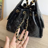 Quilted Diamond Leather Drawstring Hobo Bag – Gold Chain Strap | Lambskin & Cowhide Shoulder Bag for Women