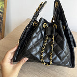 Quilted Diamond Leather Drawstring Hobo Bag – Gold Chain Strap | Lambskin & Cowhide Shoulder Bag for Women