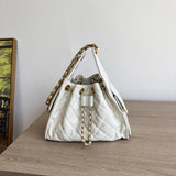 Quilted Diamond Leather Drawstring Hobo Bag – Gold Chain Strap | Lambskin & Cowhide Shoulder Bag for Women