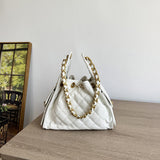 Quilted Diamond Leather Drawstring Hobo Bag – Gold Chain Strap | Lambskin & Cowhide Shoulder Bag for Women