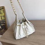 Quilted Diamond Leather Drawstring Hobo Bag – Gold Chain Strap | Lambskin & Cowhide Shoulder Bag for Women