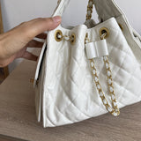Quilted Diamond Leather Drawstring Hobo Bag – Gold Chain Strap | Lambskin & Cowhide Shoulder Bag for Women