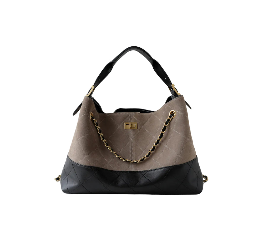 Quilted Lambskin and Suede Leather Chain Tote Bag | Women's Vintage Two-Tone Shoulder & Crossbody Bag