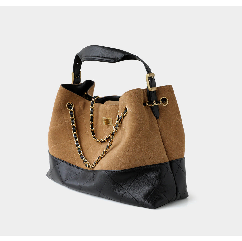 Quilted Lambskin and Suede Leather Chain Tote Bag | Women's Vintage Two-Tone Shoulder & Crossbody Bag