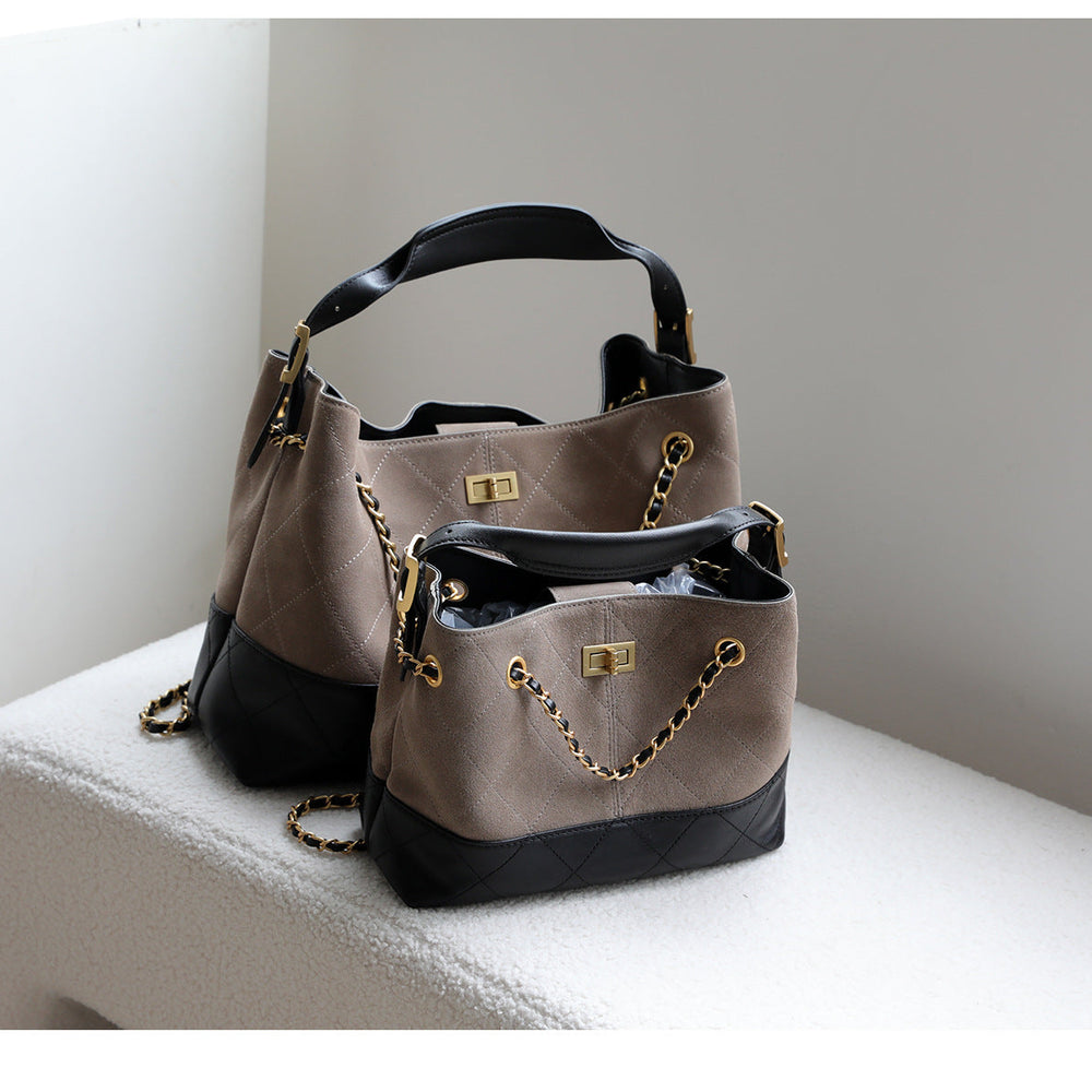 Quilted Lambskin and Suede Leather Chain Tote Bag | Women's Vintage Two-Tone Shoulder & Crossbody Bag