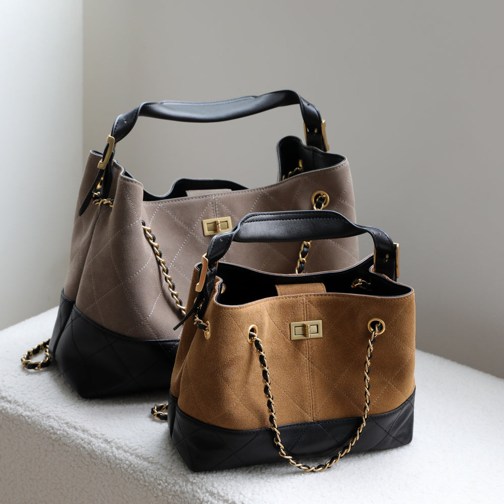 Quilted Lambskin and Suede Leather Chain Tote Bag | Women's Vintage Two-Tone Shoulder & Crossbody Bag