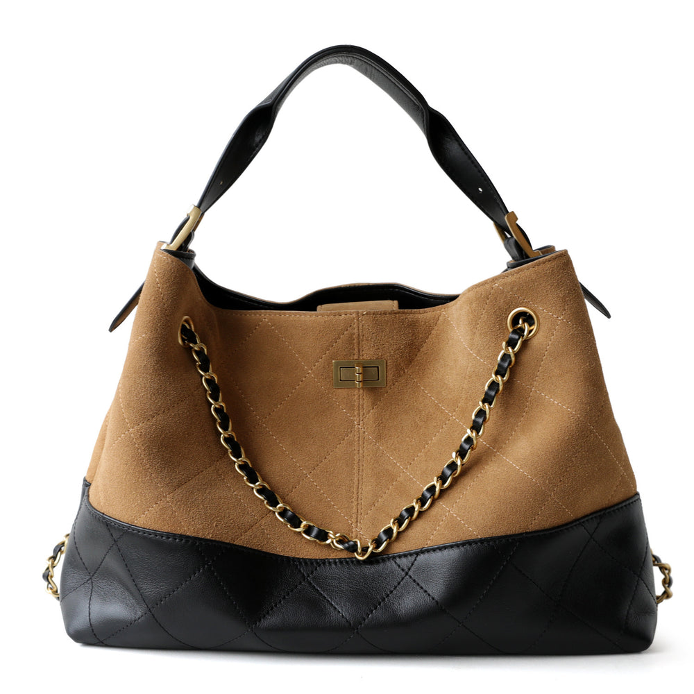 Quilted Lambskin and Suede Leather Chain Tote Bag | Women's Vintage Two-Tone Shoulder & Crossbody Bag