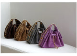 Quilted Suede Lambskin Drawstring Bucket Bag – Gold Chain Shoulder Bag | Diamond Quilt with Side Flap Pockets & Turn-Lock Clasp