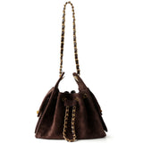 Quilted Suede Lambskin Drawstring Bucket Bag – Gold Chain Shoulder Bag | Diamond Quilt with Side Flap Pockets & Turn-Lock Clasp