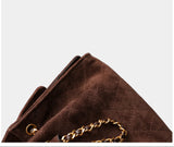 Quilted Suede Lambskin Drawstring Bucket Bag – Gold Chain Shoulder Bag | Diamond Quilt with Side Flap Pockets & Turn-Lock Clasp