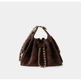 Quilted Suede Lambskin Drawstring Bucket Bag – Gold Chain Shoulder Bag | Diamond Quilt with Side Flap Pockets & Turn-Lock Clasp