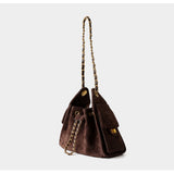Quilted Suede Lambskin Drawstring Bucket Bag – Gold Chain Shoulder Bag | Diamond Quilt with Side Flap Pockets & Turn-Lock Clasp