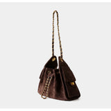 Quilted Suede Lambskin Drawstring Bucket Bag – Gold Chain Shoulder Bag | Diamond Quilt with Side Flap Pockets & Turn-Lock Clasp