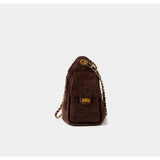Quilted Suede Lambskin Drawstring Bucket Bag – Gold Chain Shoulder Bag | Diamond Quilt with Side Flap Pockets & Turn-Lock Clasp