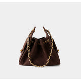 Quilted Suede Lambskin Drawstring Bucket Bag – Gold Chain Shoulder Bag | Diamond Quilt with Side Flap Pockets & Turn-Lock Clasp