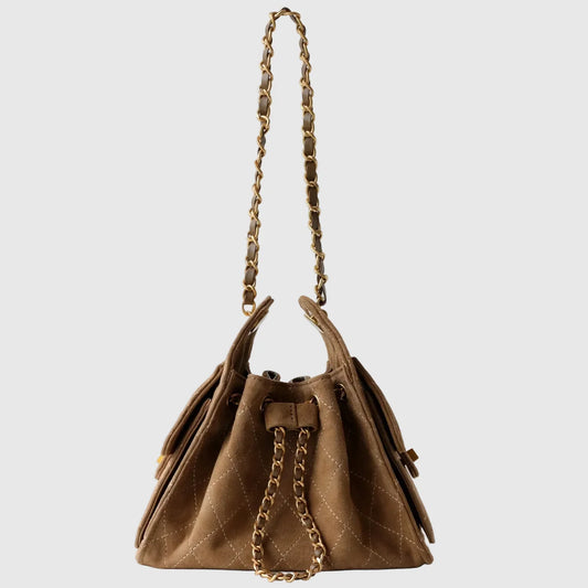 Quilted Suede Lambskin Drawstring Bucket Bag – Gold Chain Shoulder Bag | Diamond Quilt with Side Flap Pockets & Turn-Lock Clasp