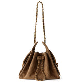 Quilted Suede Lambskin Drawstring Bucket Bag – Gold Chain Shoulder Bag | Diamond Quilt with Side Flap Pockets & Turn-Lock Clasp