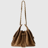 Quilted Suede Lambskin Drawstring Bucket Bag – Gold Chain Shoulder Bag | Diamond Quilt with Side Flap Pockets & Turn-Lock Clasp