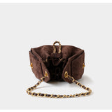 Quilted Suede Lambskin Drawstring Bucket Bag – Gold Chain Shoulder Bag | Diamond Quilt with Side Flap Pockets & Turn-Lock Clasp