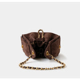 Quilted Suede Lambskin Drawstring Bucket Bag – Gold Chain Shoulder Bag | Diamond Quilt with Side Flap Pockets & Turn-Lock Clasp