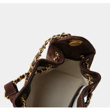Quilted Suede Lambskin Drawstring Bucket Bag – Gold Chain Shoulder Bag | Diamond Quilt with Side Flap Pockets & Turn-Lock Clasp