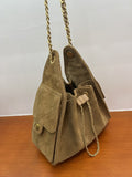 Quilted Suede Lambskin Drawstring Bucket Bag – Gold Chain Shoulder Bag | Diamond Quilt with Side Flap Pockets & Turn-Lock Clasp