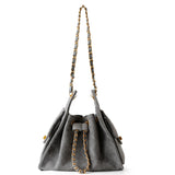 Quilted Suede Lambskin Drawstring Bucket Bag – Gold Chain Shoulder Bag | Diamond Quilt with Side Flap Pockets & Turn-Lock Clasp