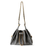 Quilted Suede Lambskin Drawstring Bucket Bag – Gold Chain Shoulder Bag | Diamond Quilt with Side Flap Pockets & Turn-Lock Clasp