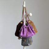 Quilted Suede Lambskin Drawstring Bucket Bag – Gold Chain Shoulder Bag | Diamond Quilt with Side Flap Pockets & Turn-Lock Clasp