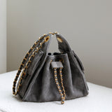 Quilted Suede Lambskin Drawstring Bucket Bag – Gold Chain Shoulder Bag | Diamond Quilt with Side Flap Pockets & Turn-Lock Clasp
