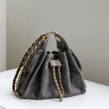 Quilted Suede Lambskin Drawstring Bucket Bag – Gold Chain Shoulder Bag | Diamond Quilt with Side Flap Pockets & Turn-Lock Clasp