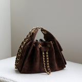Quilted Suede Lambskin Drawstring Bucket Bag – Gold Chain Shoulder Bag | Diamond Quilt with Side Flap Pockets & Turn-Lock Clasp