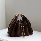 Quilted Suede Lambskin Drawstring Bucket Bag – Gold Chain Shoulder Bag | Diamond Quilt with Side Flap Pockets & Turn-Lock Clasp